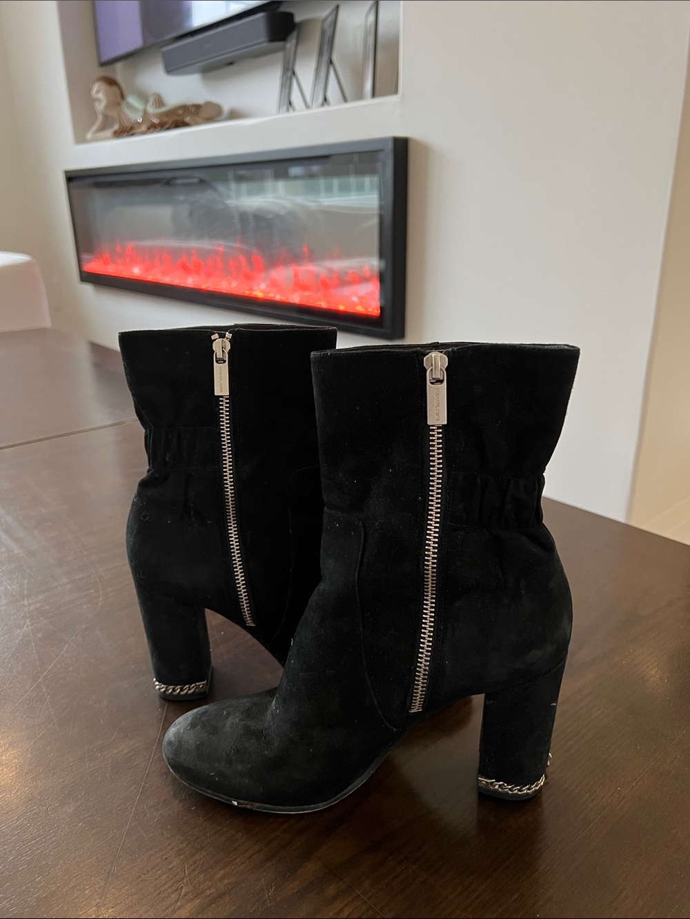 Michael Kors Black Suede Mid-Calf Heel Boots with Side Zipper